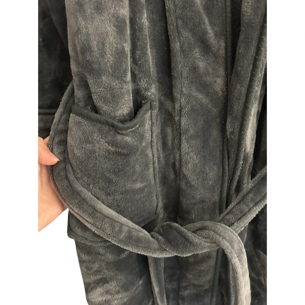 NY Threads Fleece Robe Mens Large Charcoal Grey Excellent Plush Shawl Collar L